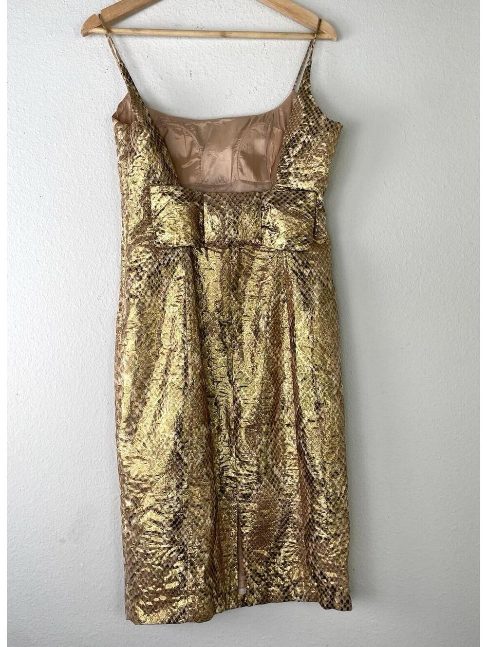 Tracy Reese Vintage Silk Gold Metallic Snakeskin Dress 8 Cocktail Back Bow - Picture 2 of 8